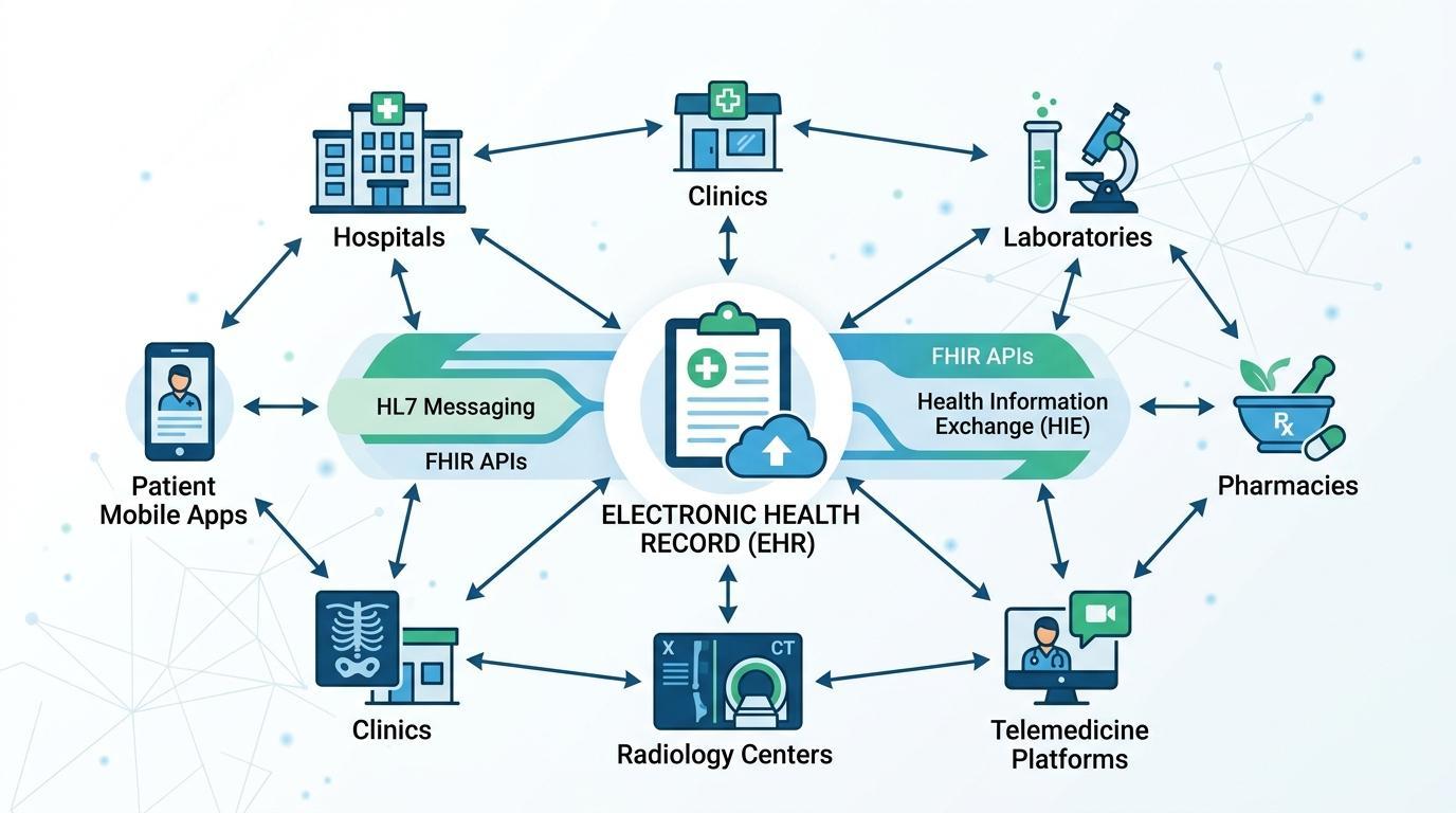 Healthcare interoperability ecosystem showing EHR data exchange with hospitals, laboratories, radiology systems, and telemedicine platforms using HL7 messaging and FHIR APIs